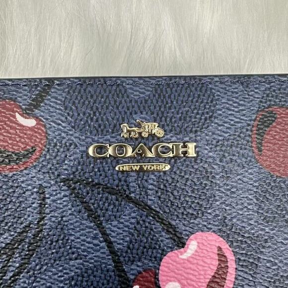 Coach Snap Wallet In Signature Canvas With Pink Cherry Print Gold/Denim Blue NWT - Picture 6 of 10